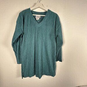 Charleston Rags Womens Textured Crinkle Tunic Top Small V-Neck Long Sleeve Teal